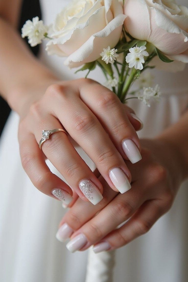White French with Silver Glitter Accent - elegant wedding nails for women over 60