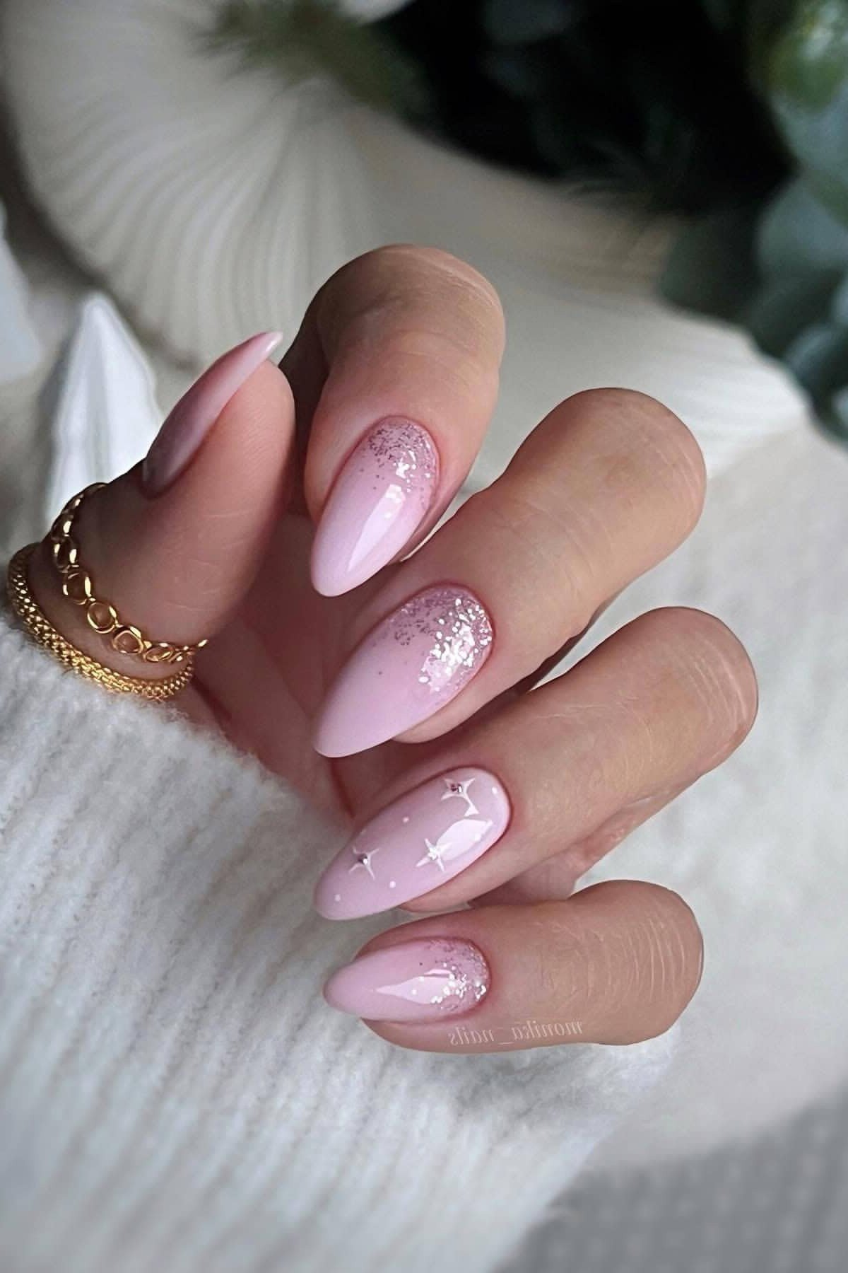 Pink Glitter Ombre Almond - elegant wedding nails for women over 60