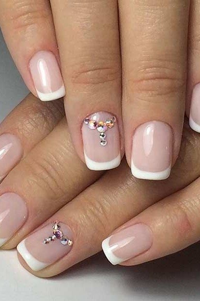 Pink French with Crystal Accents - elegant wedding nails for women over 60
