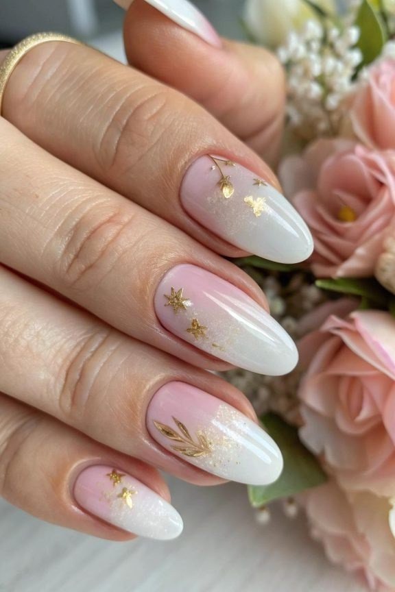 Pink White Ombre with Gold Sparkle - elegant wedding nails for women over 60