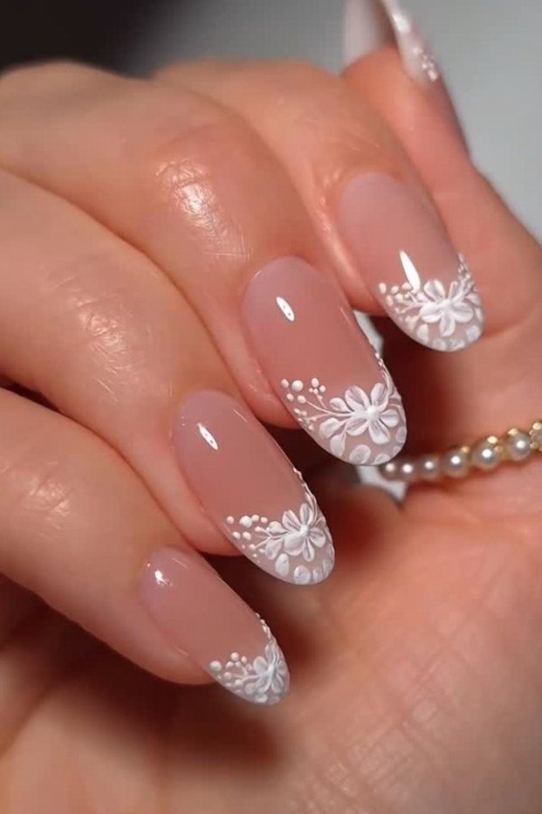 Mauve Almond with White Lace Tips - elegant wedding nails for women over 60