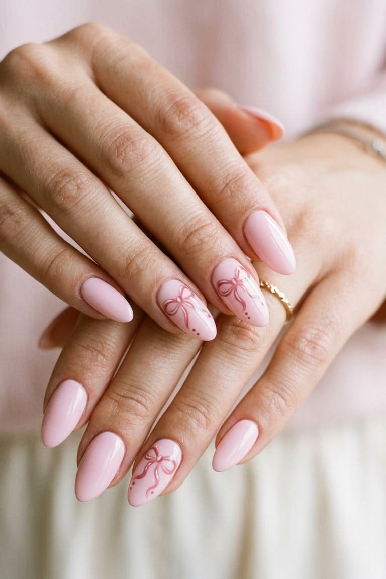 Blush Pink with Dainty Bow Art - elegant wedding nails for women over 60
