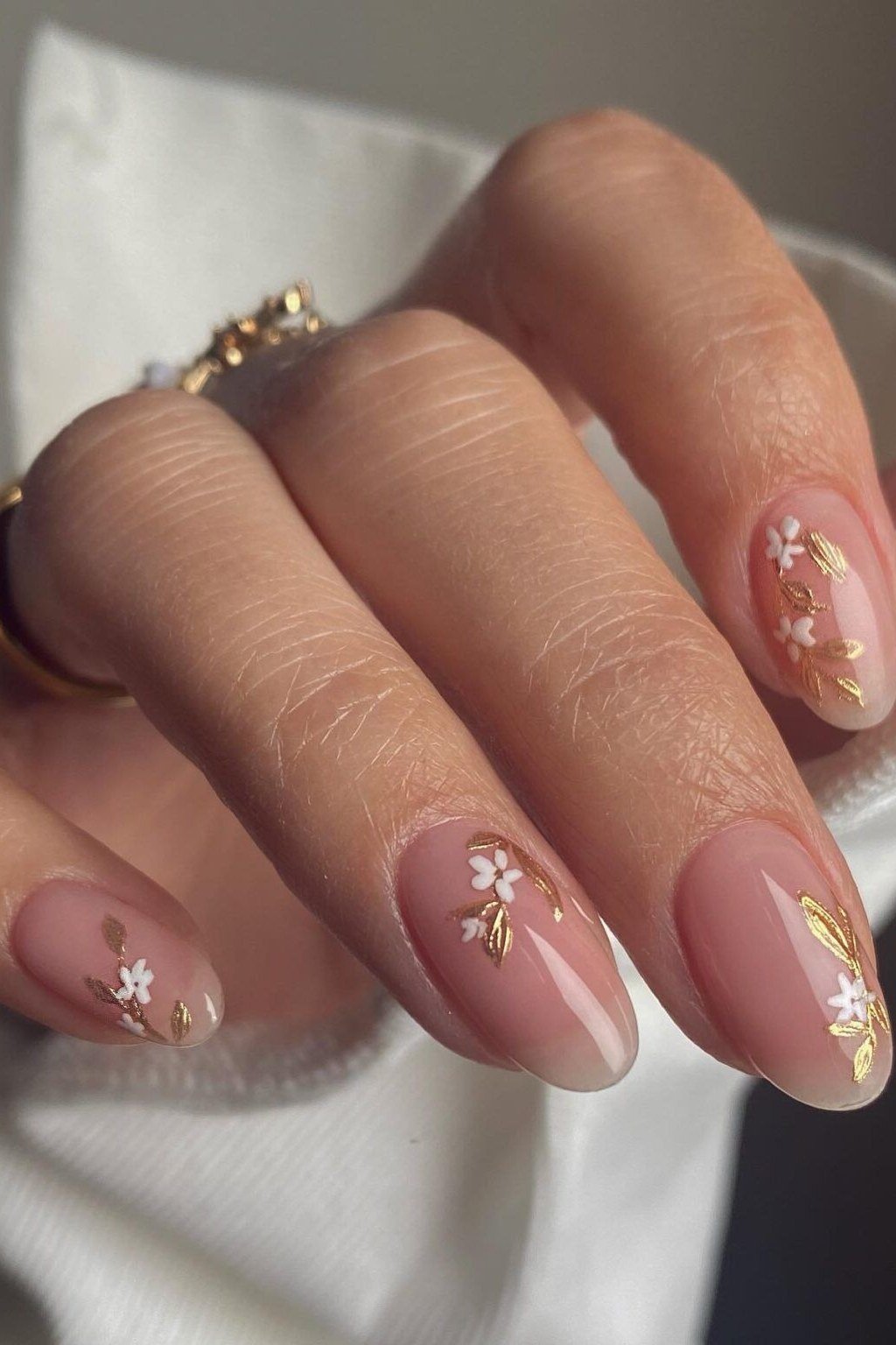 Mauve with Gold Floral Art - elegant wedding nails for women over 60