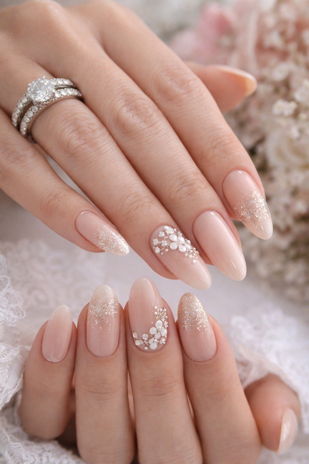 Nude with Pearl and Floral Accents - elegant wedding nails for women over 60
