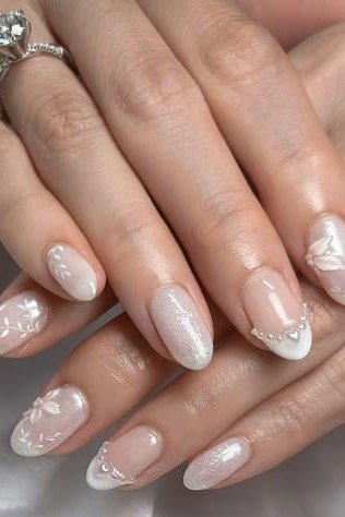 Pearl White with Pearl Bead Cuticles - elegant wedding nails for women over 60