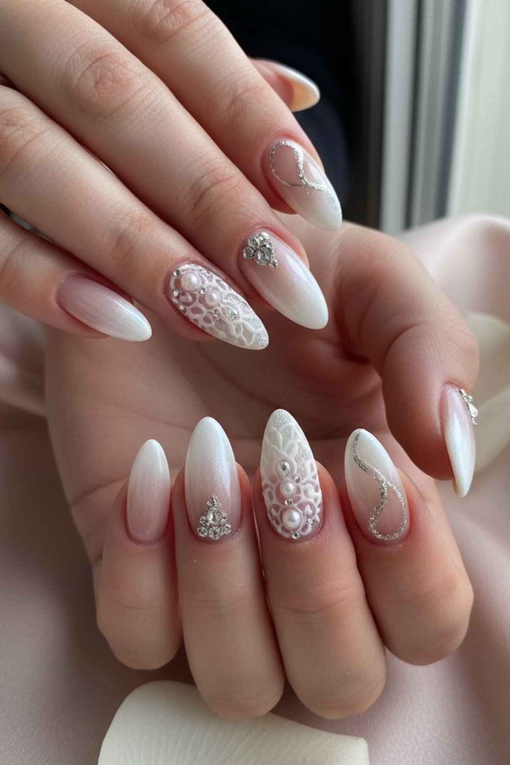 White Stiletto with Pearl Lace Art - elegant wedding nails for women over 60