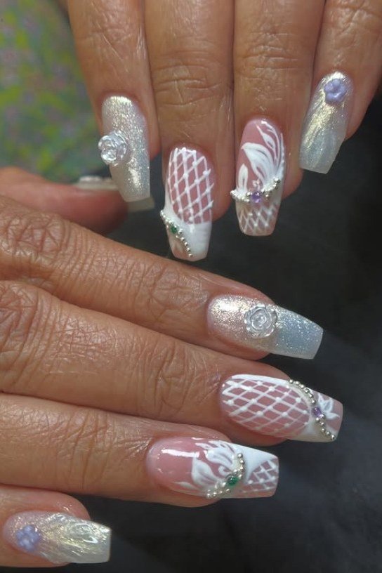 Iridescent White Shimmer with Lace - elegant wedding nails for women over 60