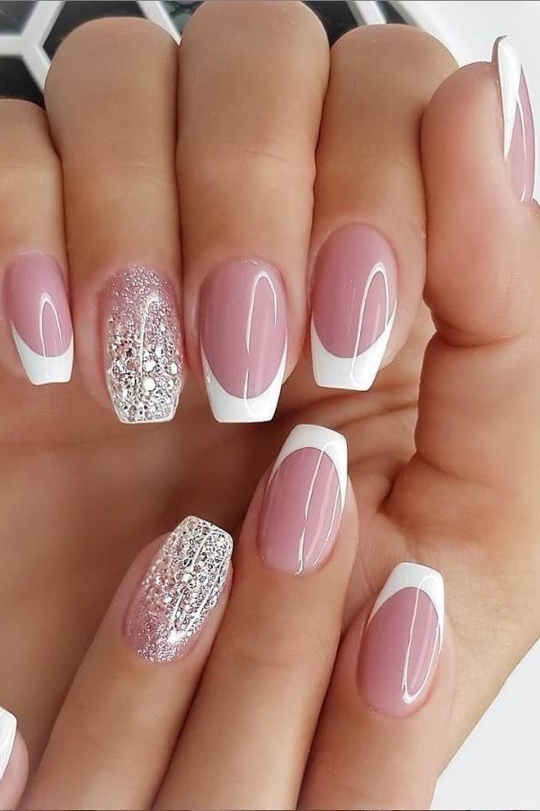 Pink White French with Silver Glitter Accents - elegant wedding nails for women over 60