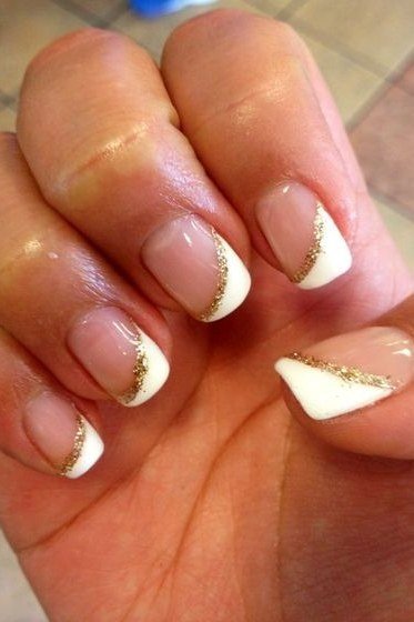 White French with Gold Glitter Smile Line - elegant wedding nails for women over 60