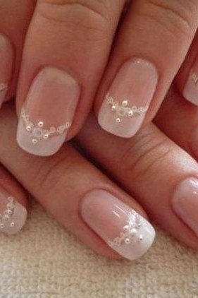 Short Nude with Pearl Tip Accents - elegant wedding nails for women over 60
