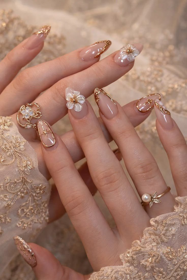 Nude Gold with White Floral Art - elegant wedding nails for women over 60