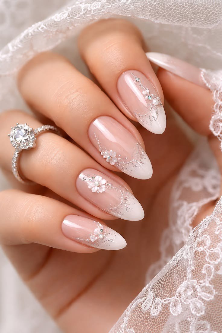 White Floral French Almond - elegant wedding nails for women over 60