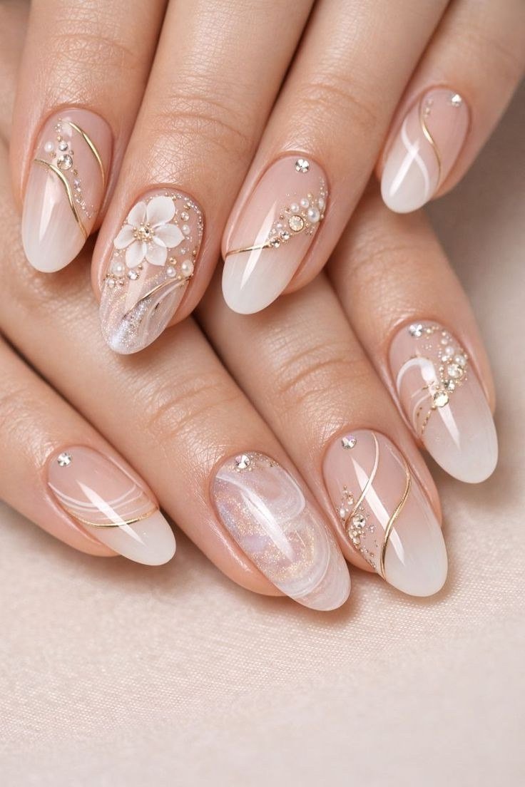 White French with Gold Line Art - elegant wedding nails for women over 60
