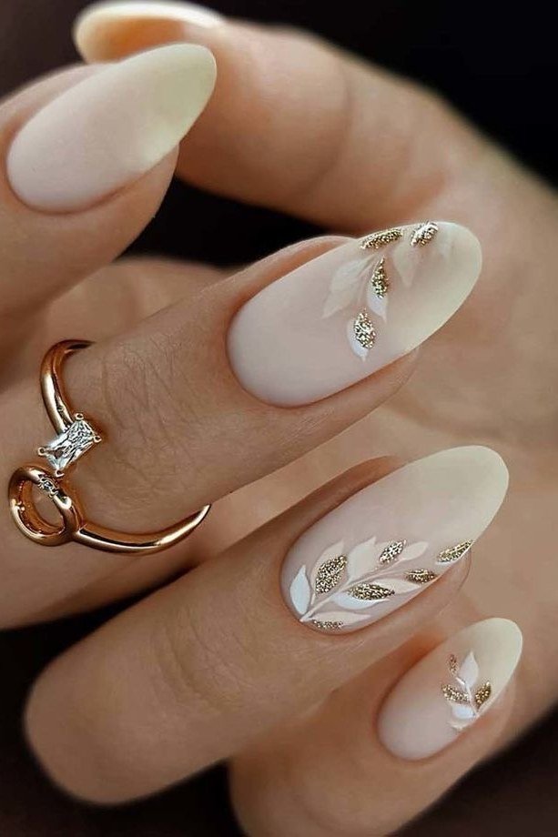 White with Gold Leaf Botanical Art - elegant wedding nails for women over 60