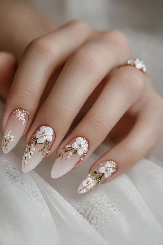 White with Gold and White Florals - elegant wedding nails for women over 60