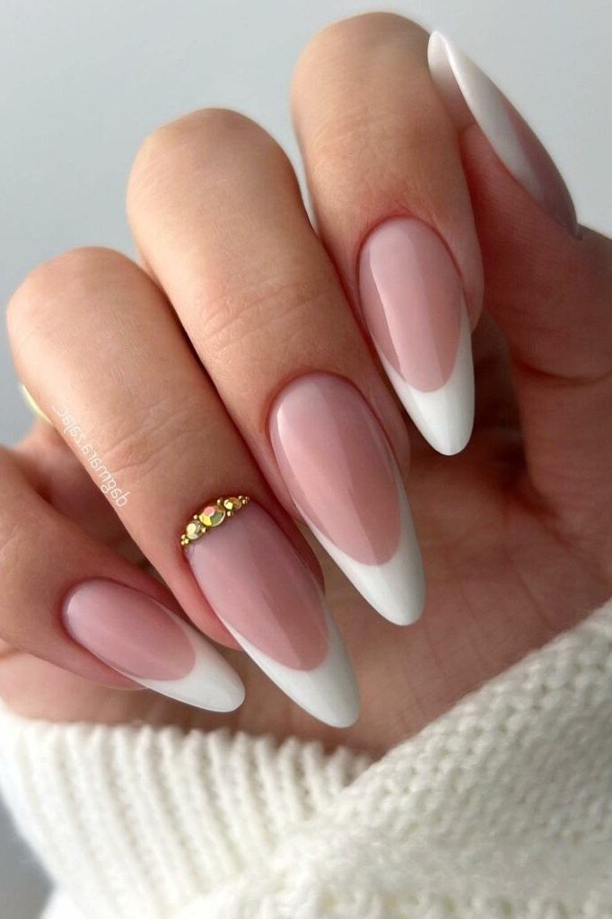 Pink White French with Gold Band Accent - elegant wedding nails for women over 60