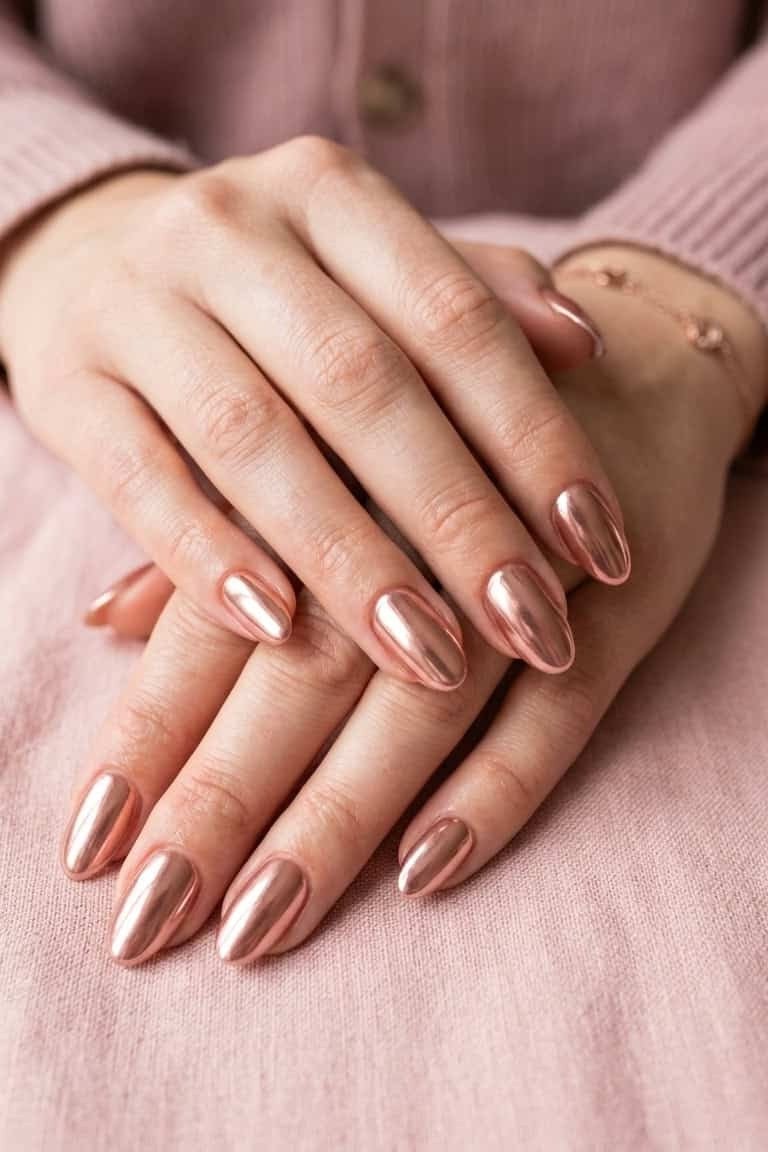 Rose Gold Chrome Almond - elegant wedding nails for women over 60