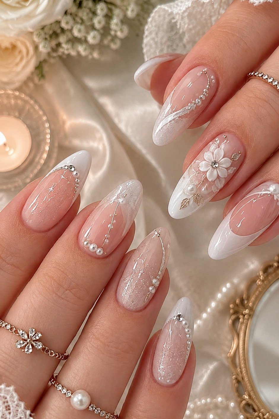 Pink White French with Lace Floral Art - elegant wedding nails for women over 60