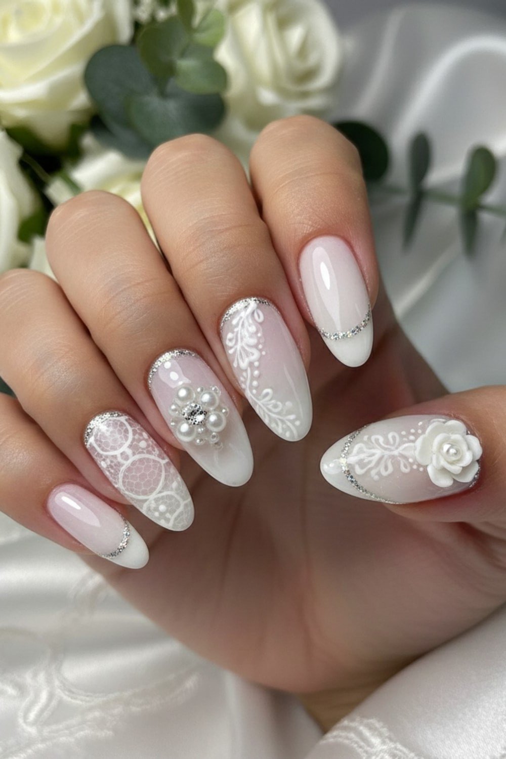 White Lace with 3D Rose - elegant wedding nails for women over 60