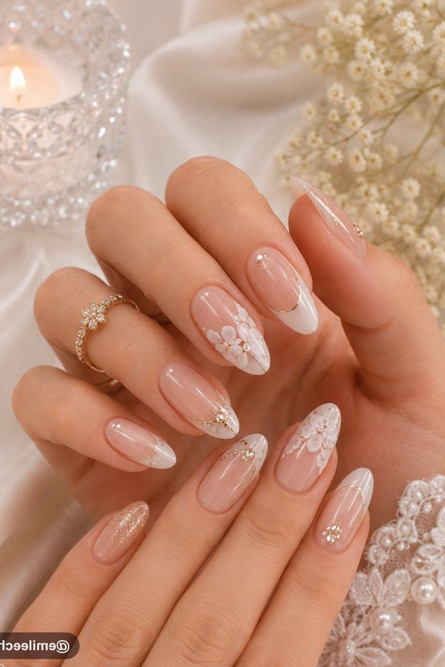 Nude with White Floral Tips - elegant wedding nails for women over 60