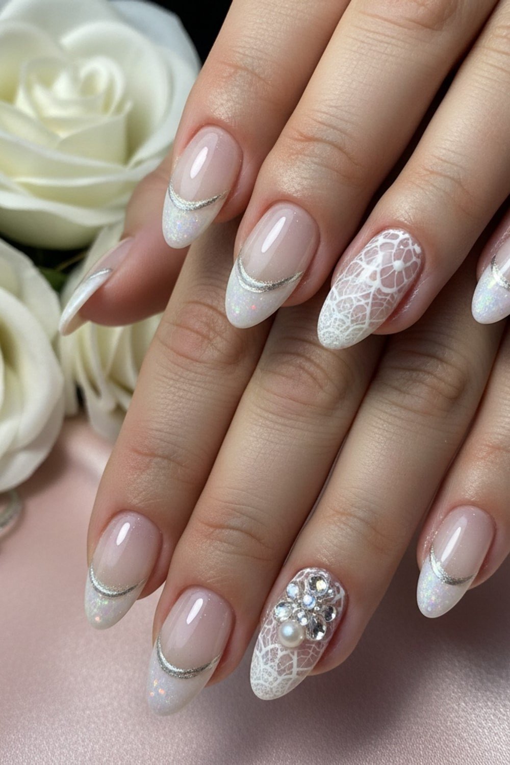 White Lace French with Crystal Cluster - elegant wedding nails for women over 60
