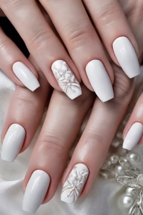 White with Embossed Lace Art - elegant wedding nails for women over 60