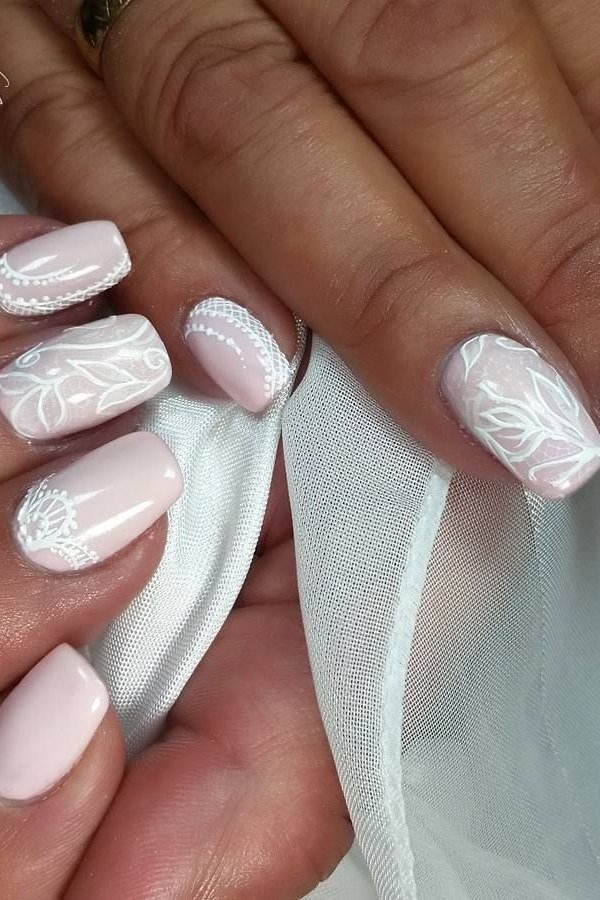 White with Lace Overlay Floral - elegant wedding nails for women over 60