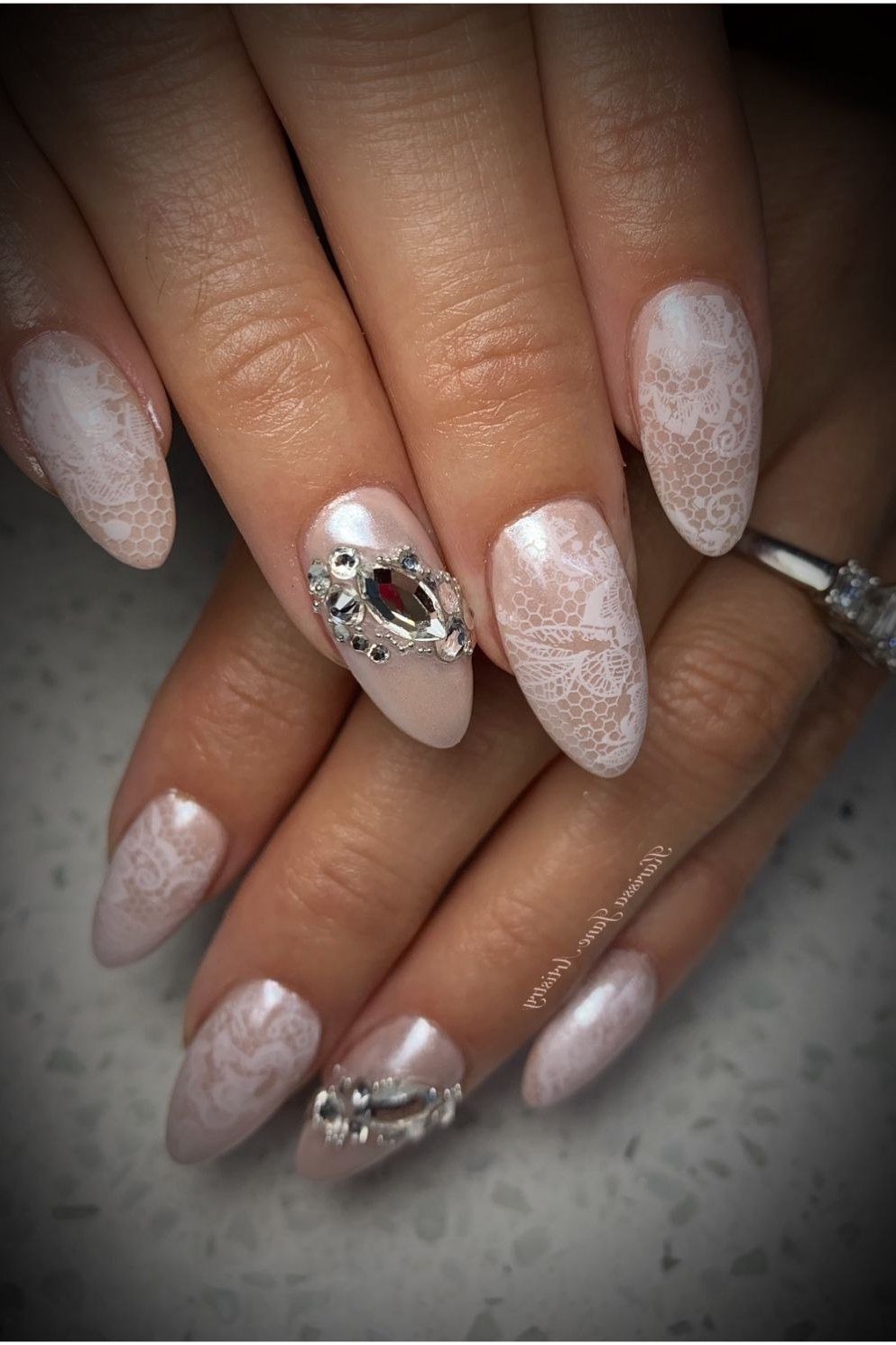 Pearlescent White Lace with Crystals - elegant wedding nails for women over 60