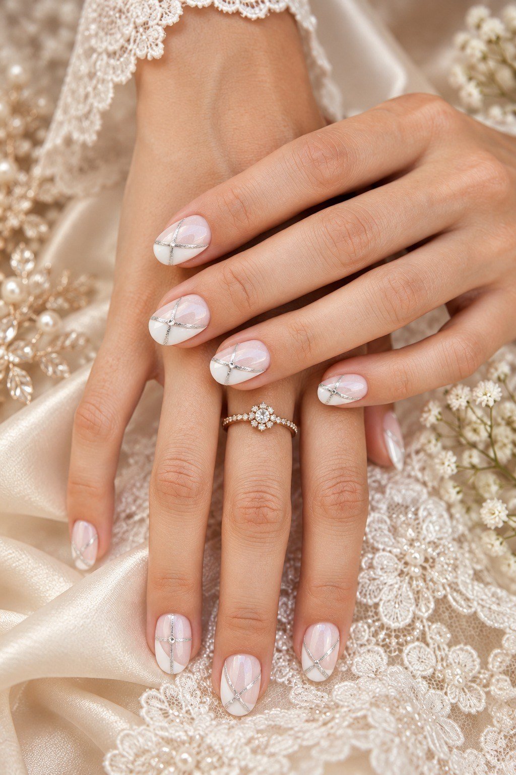 White with Dainty Floral Line Art - elegant wedding nails for women over 60