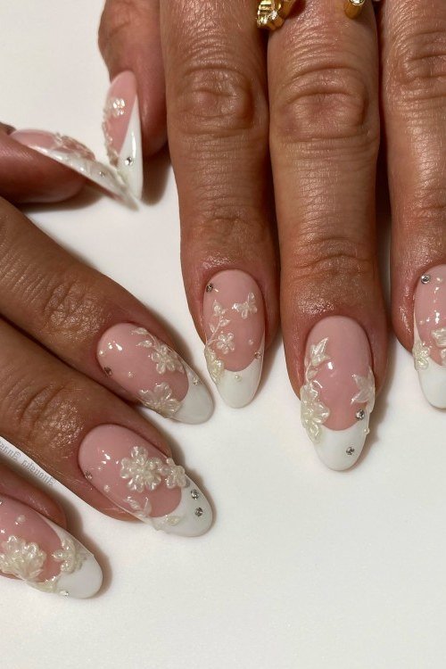 Nude Floral on Deep Skin Tone - elegant wedding nails for women over 60