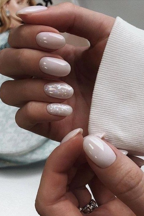 Milky White Almond Nails With Glitter Accent - milky white almond nails with glitter accent - elegant nail idea for women over 40