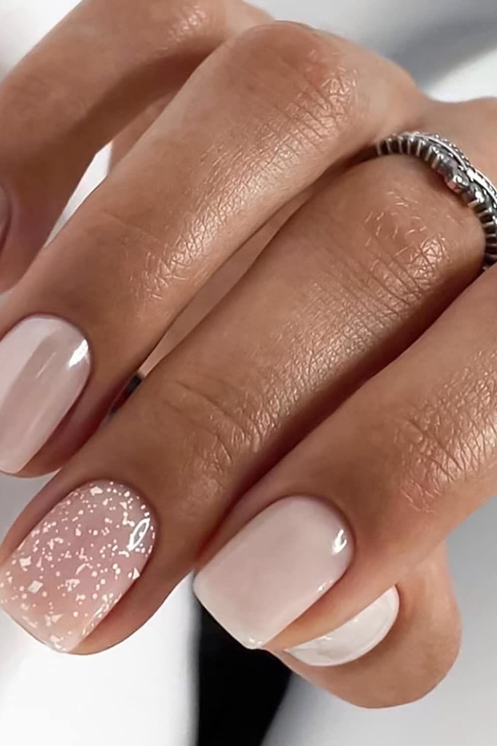 Nude Nails With White Glitter Accent - nude nails with white glitter accent nail - elegant nail idea for women over 40