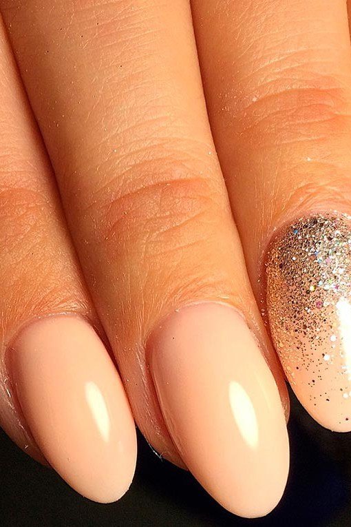 Nude Nails With Gold Glitter Fade - nude nails with gold glitter fade accent - elegant nail idea for women over 40