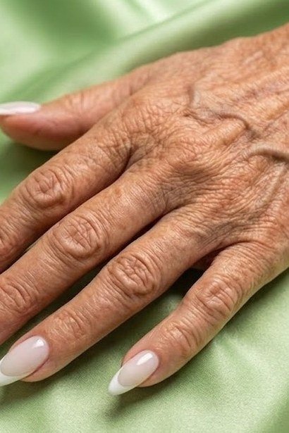 White French on Green Silk - white french almond nails on green silk, older hands - elegant nail idea for women over 40
