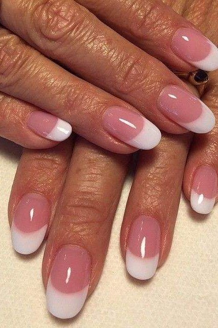 Pink and White French Ombre - pink and white french ombre almond nails, warm skin - elegant nail idea for women over 40