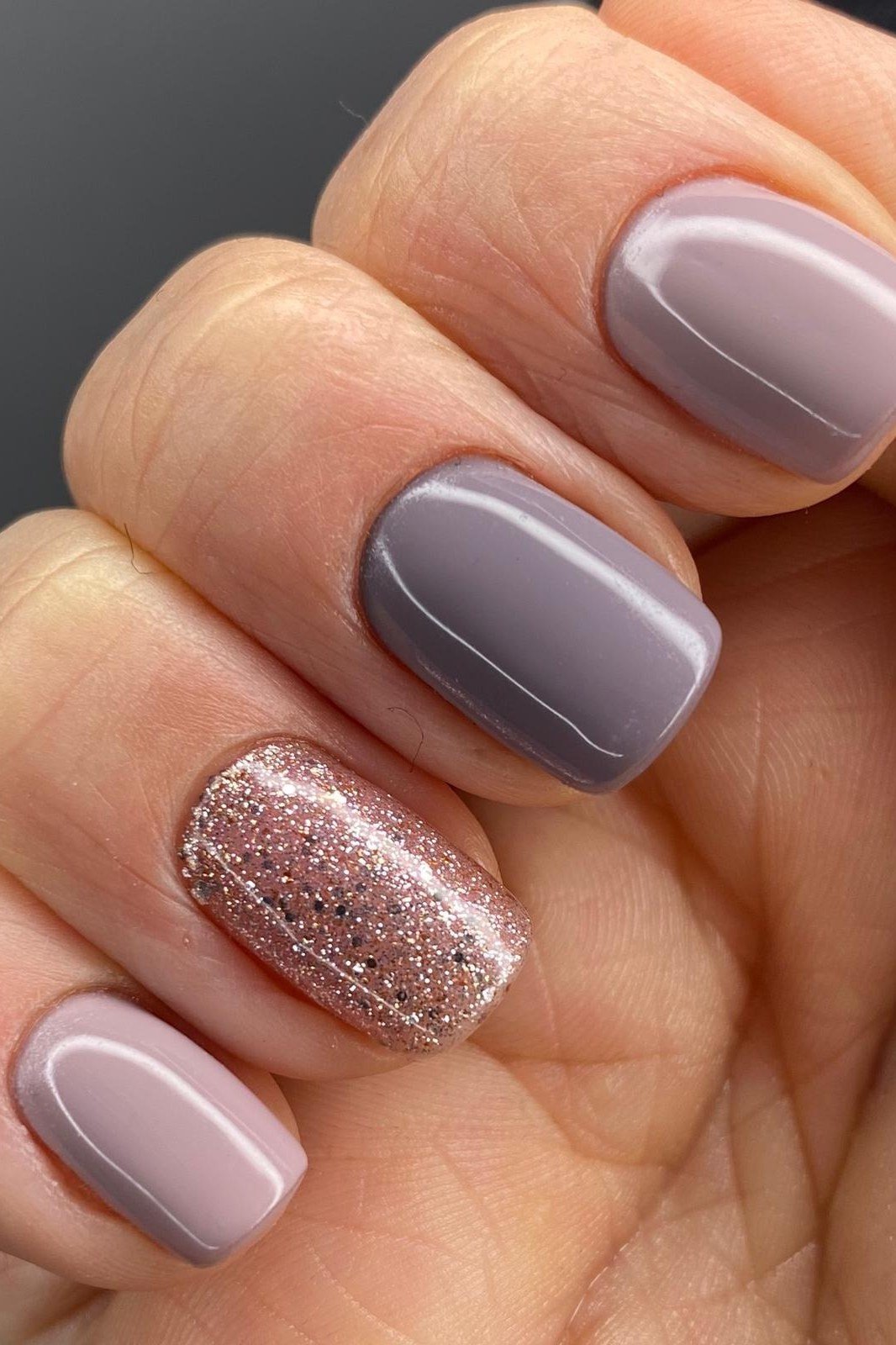 Gray-Lavender Nails With Rose Glitter - gray-lavender nails with rose glitter accent - elegant nail idea for women over 40