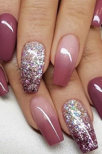 Plum Nails With Silver Glitter - plum nails with silver glitter accents, close-up - elegant nail idea for women over 40