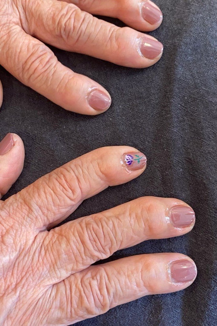 Mauve Nails With Crystal Accent - mauve nails with tiny crystal accent, older hands - elegant nail idea for women over 40