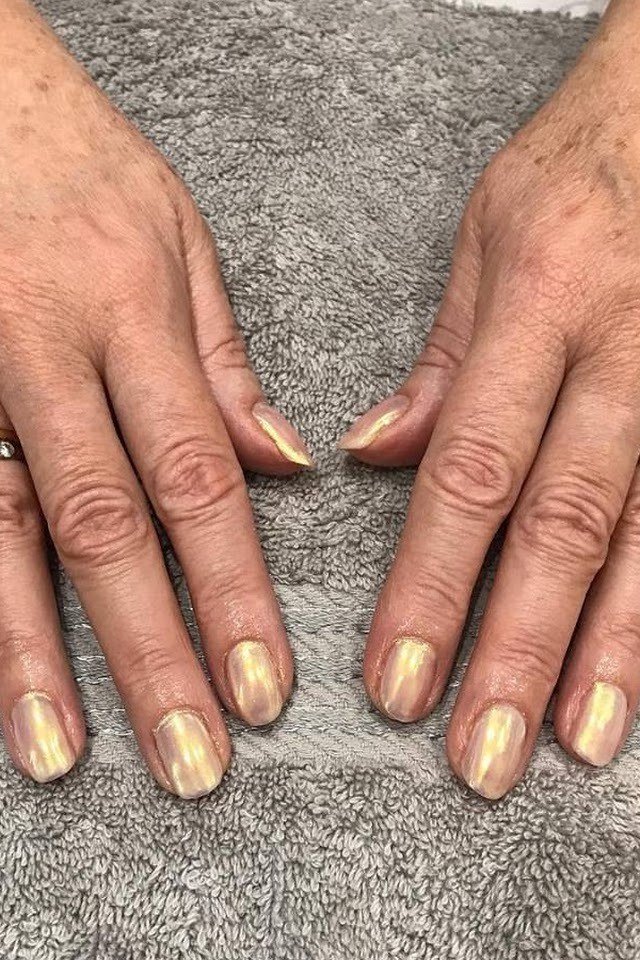 Pale Gold Chrome Square Nails - pale gold chrome square nails, older hands - elegant nail idea for women over 40