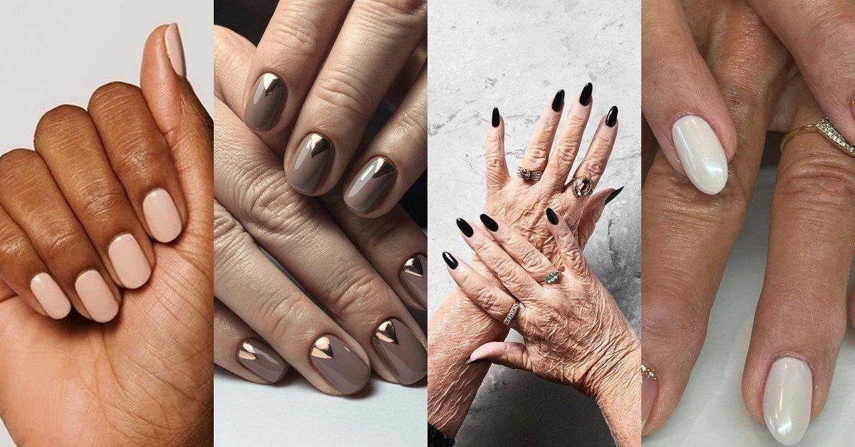 Collage of 4 elegant nail designs for women over 40: nude, gold half-moon, black almond, and pearl white