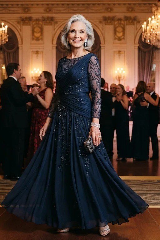 Navy Ballgown at a Ballroom Event - engagement party dress for women over 60