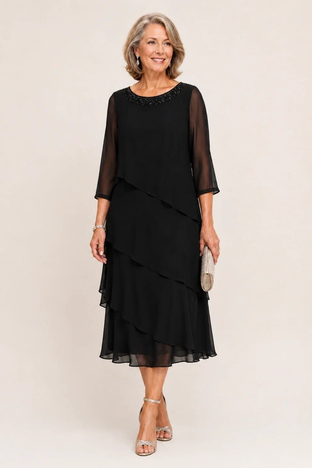 Black Tiered Chiffon Cocktail Dress - engagement party dress for women over 60