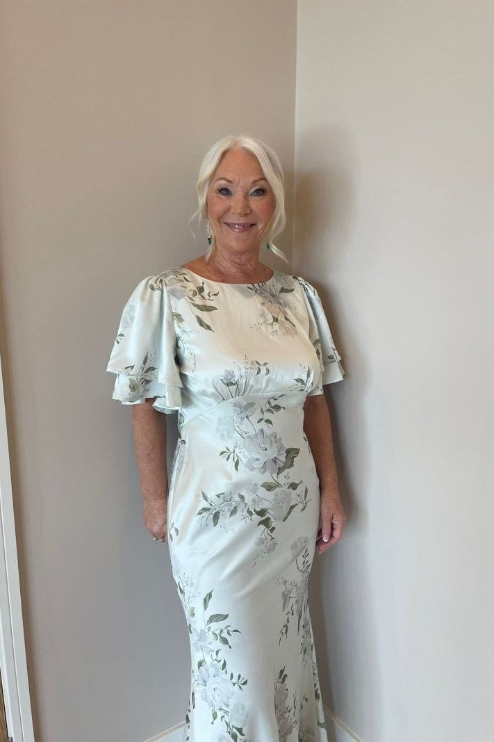 Light Blue Floral Flutter-Sleeve Dress - engagement party dress for women over 60