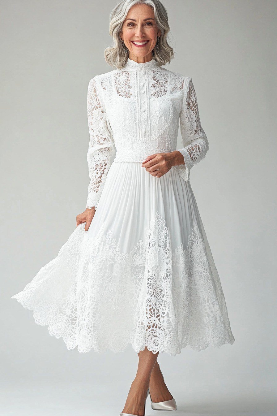 White Lace High-Neck Midi Dress - engagement party dress for women over 60