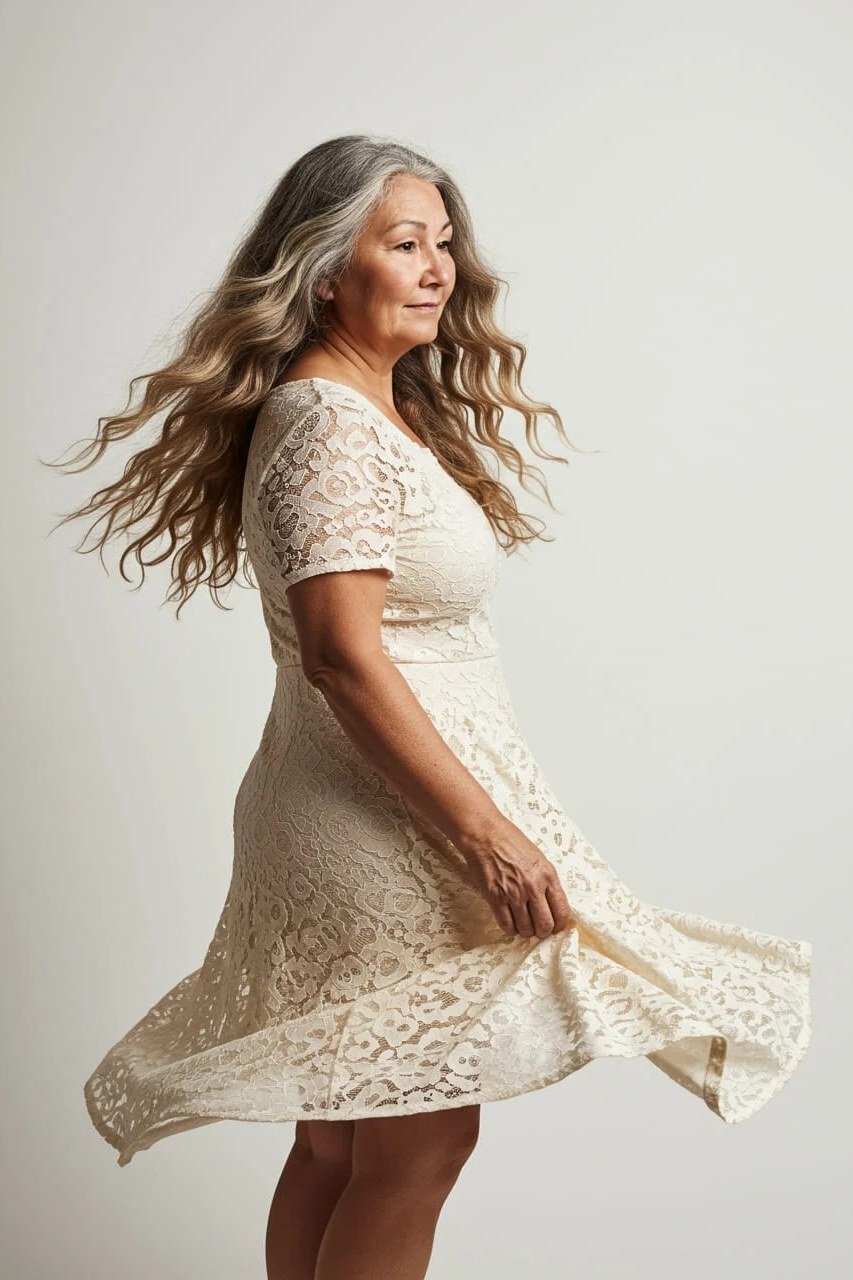 Cream Lace Skater Dress Twirl - engagement party dress for women over 60