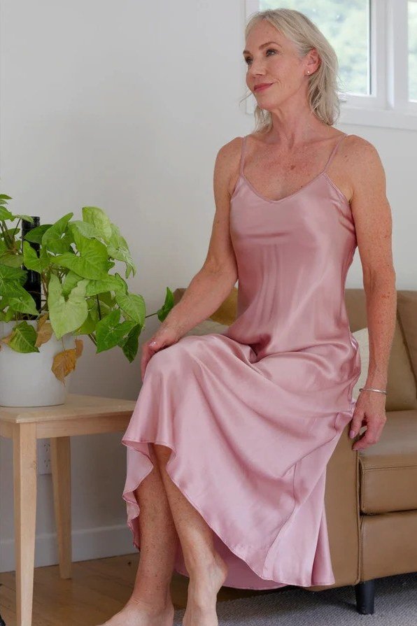 Pink Satin Slip Dress - engagement party dress for women over 60