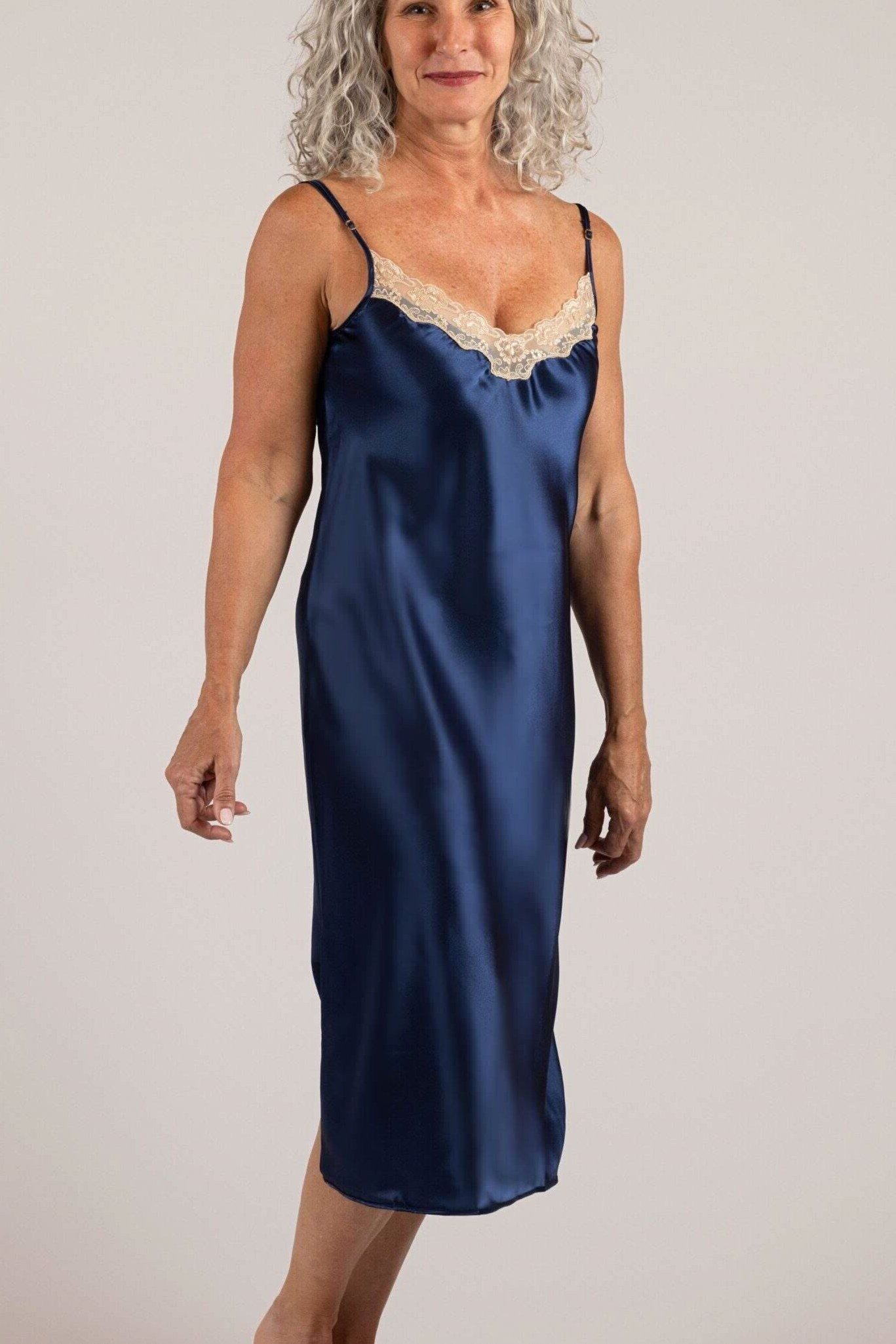 Navy Satin Slip Dress - engagement party dress for women over 60