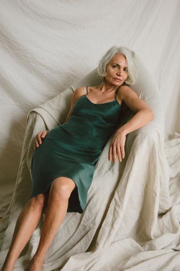 Emerald Green Satin Slip Dress - engagement party dress for women over 60