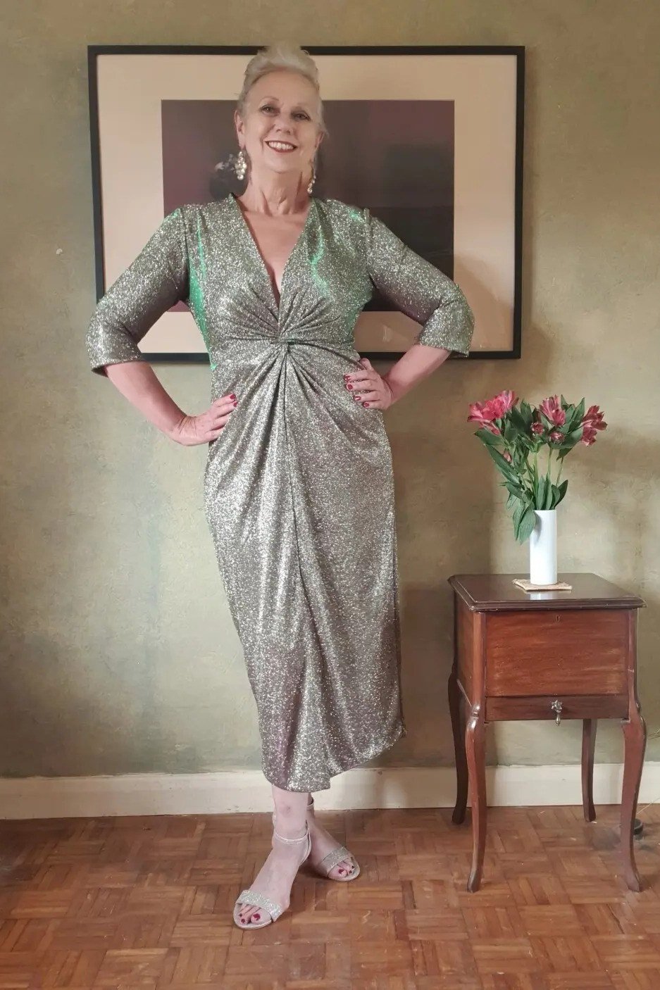 Silver Sequin Twist-Front Dress - engagement party dress for women over 60