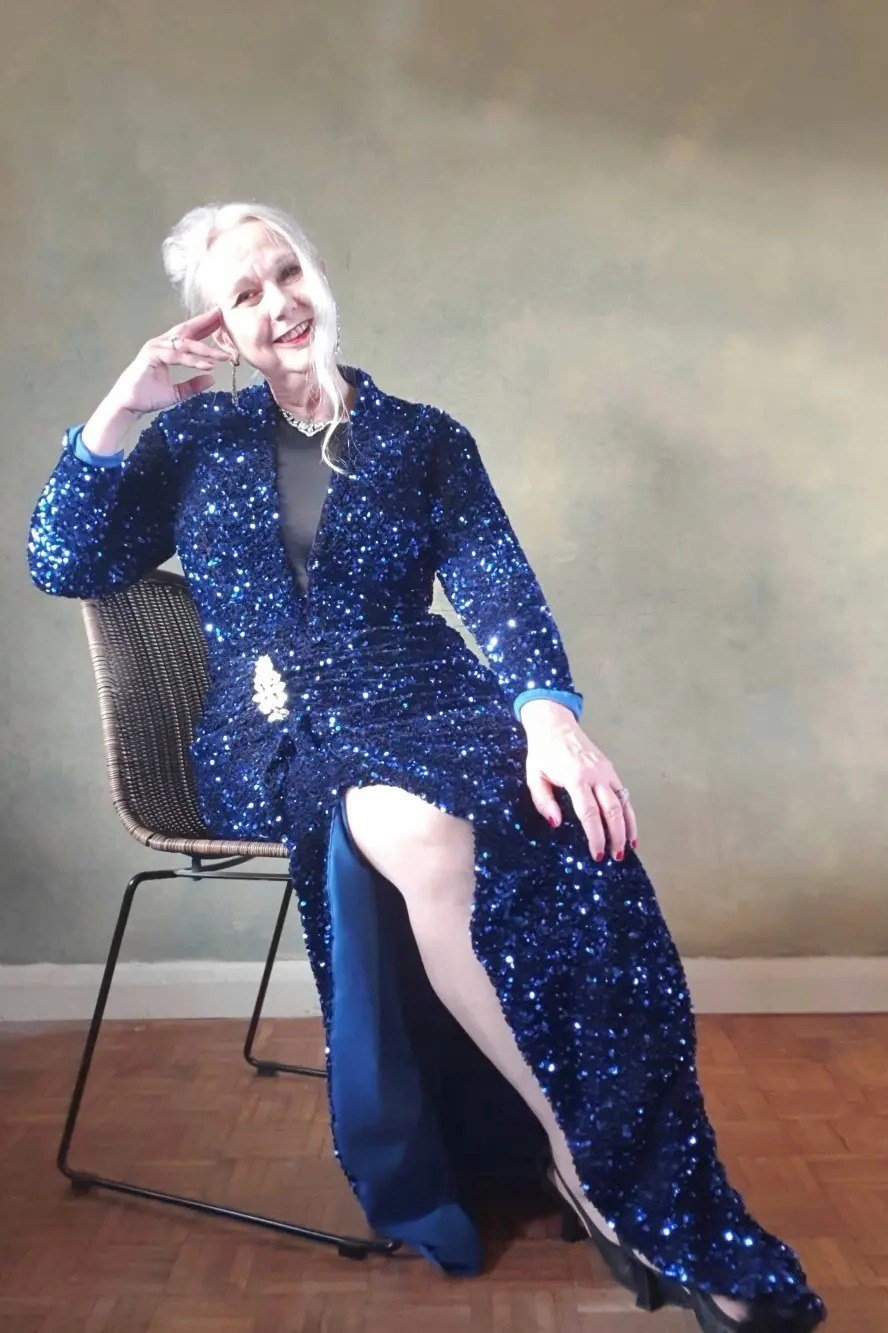 Navy Sequin Wrap Gown - engagement party dress for women over 60